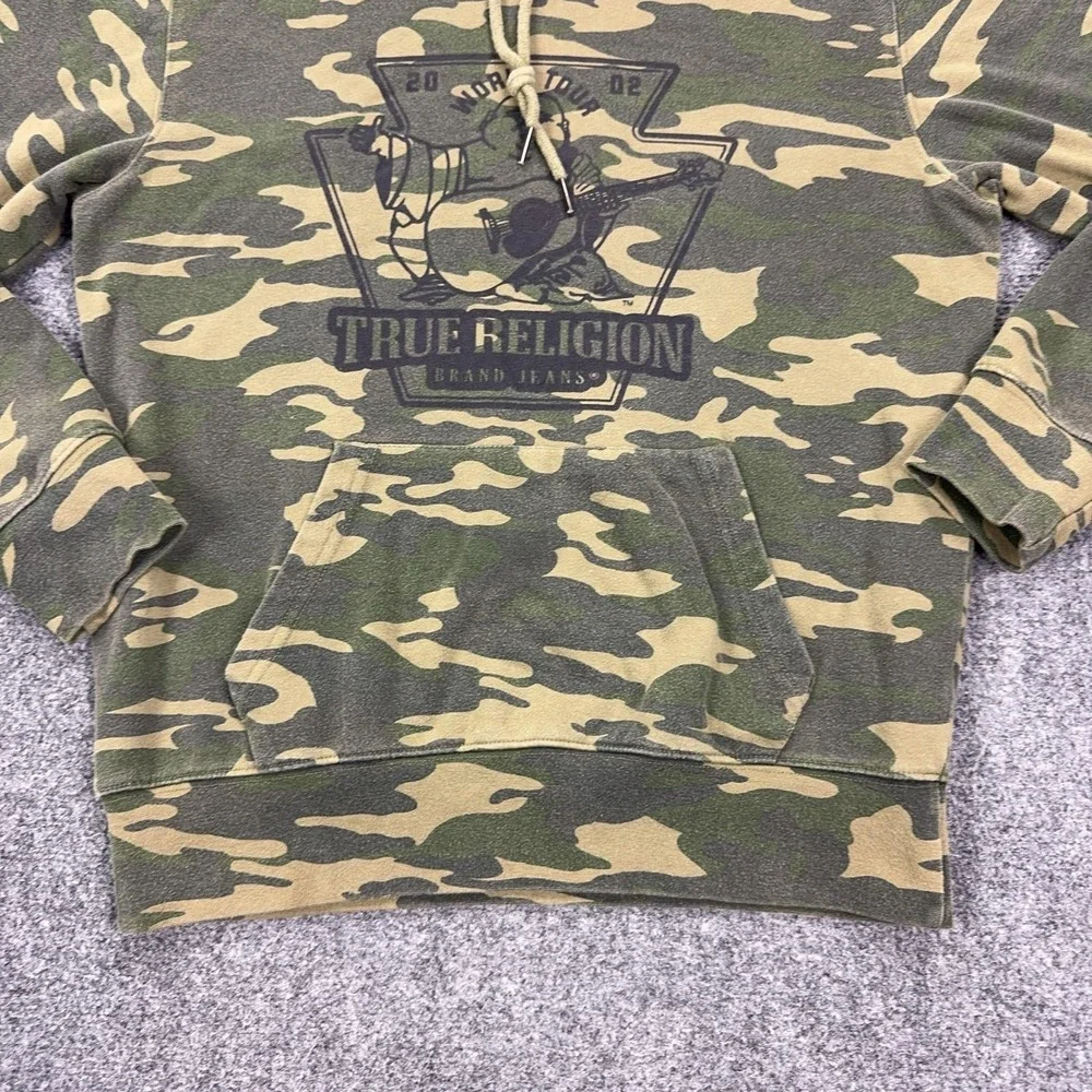 True Religion Hoodie Mens Small Green Camo Pullover Sweatshirt Buddha Logo
